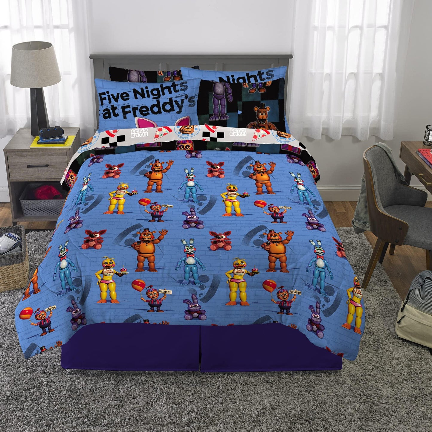 Five Nights at Freddy's Super Soft Comforter and Sheet Set with Sham, 7 Piece Full Size, Phil and Gazelle.