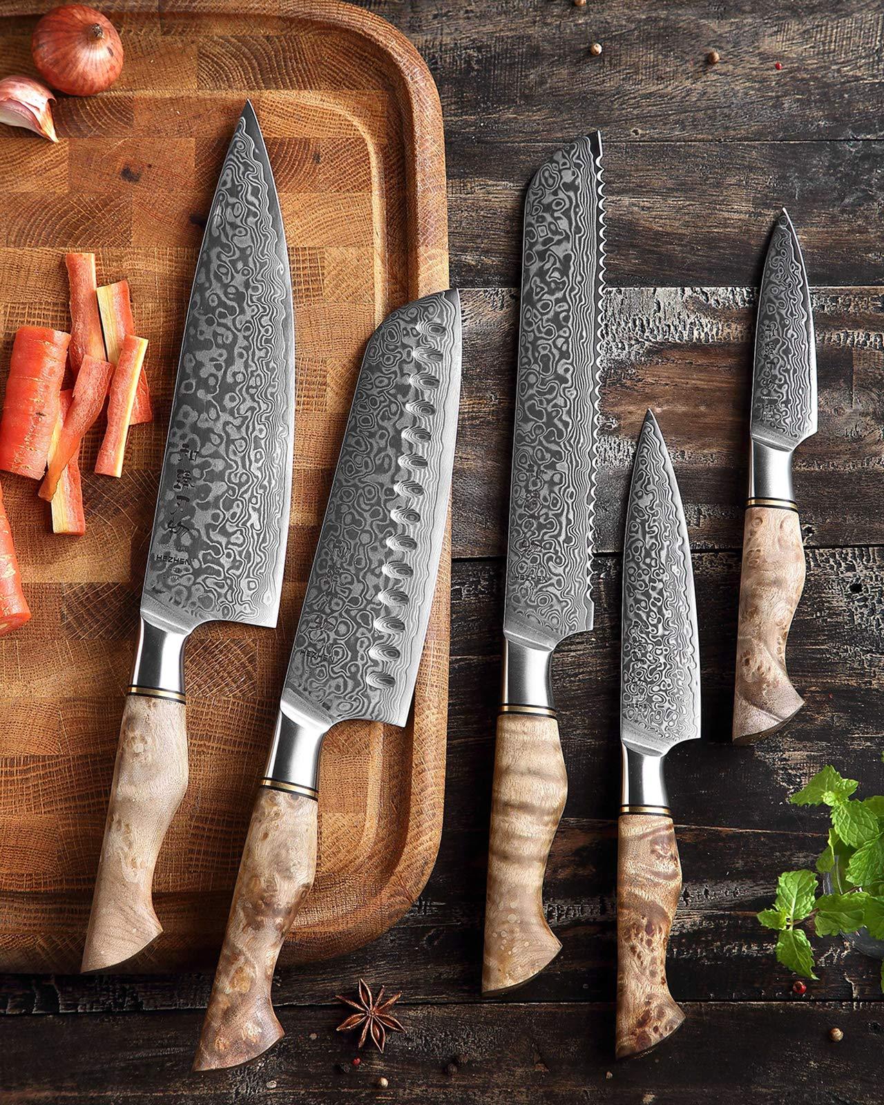 HEZHEN 5PC Kitchen Knives Set-Durable, Vacuum Heat Treated Damascus Steel. Phil and Gazelle.