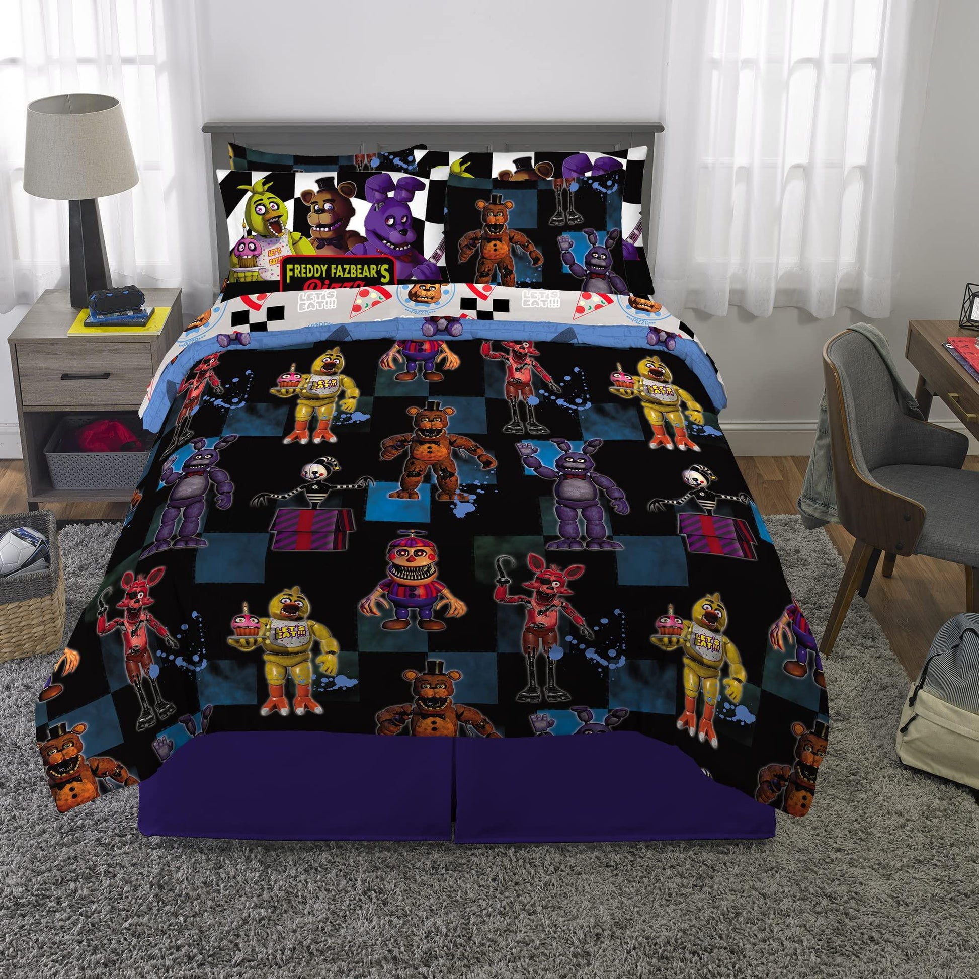 Five Nights at Freddy's Super Soft Comforter and Sheet Set with Sham, 7 Piece Full Size, Phil and Gazelle.