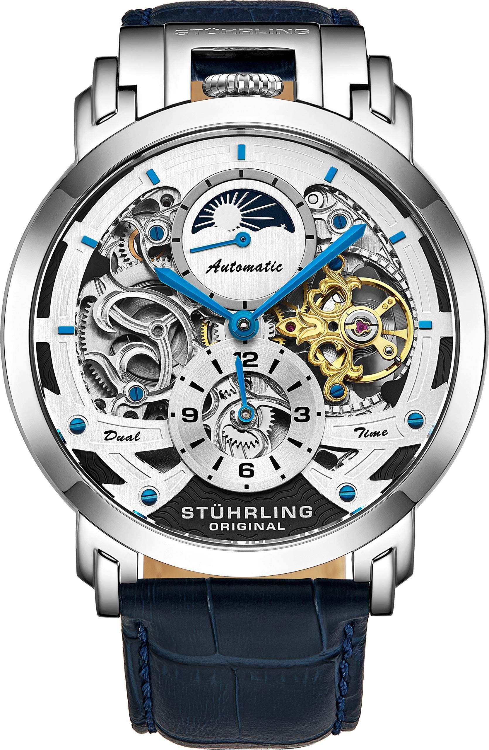 Stuhrling Orignal Mens Watch Automatic Watch Skeleton Watches for Men - Leather Luxury Dress Watch - Mechanical Watch Stainless Steel Case Self Winding Analog Watch for Men, Blue, Aquadiver Phil and Gazelle