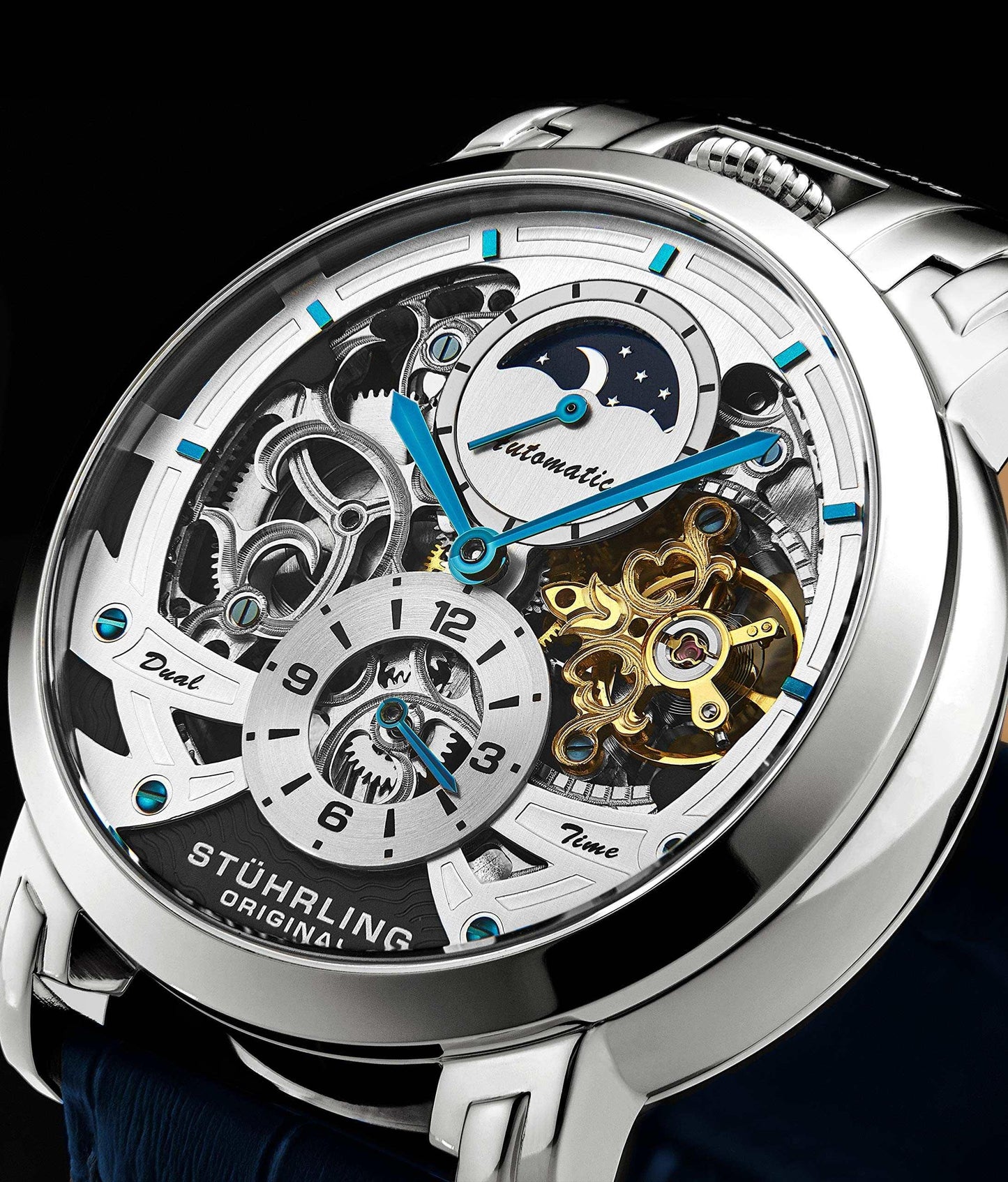 Stuhrling Orignal Mens Watch Automatic Watch Skeleton Watches for Men - Leather Luxury Dress Watch - Mechanical Watch Stainless Steel Case Self Winding Analog Watch for Men, Blue, Aquadiver Phil and Gazelle