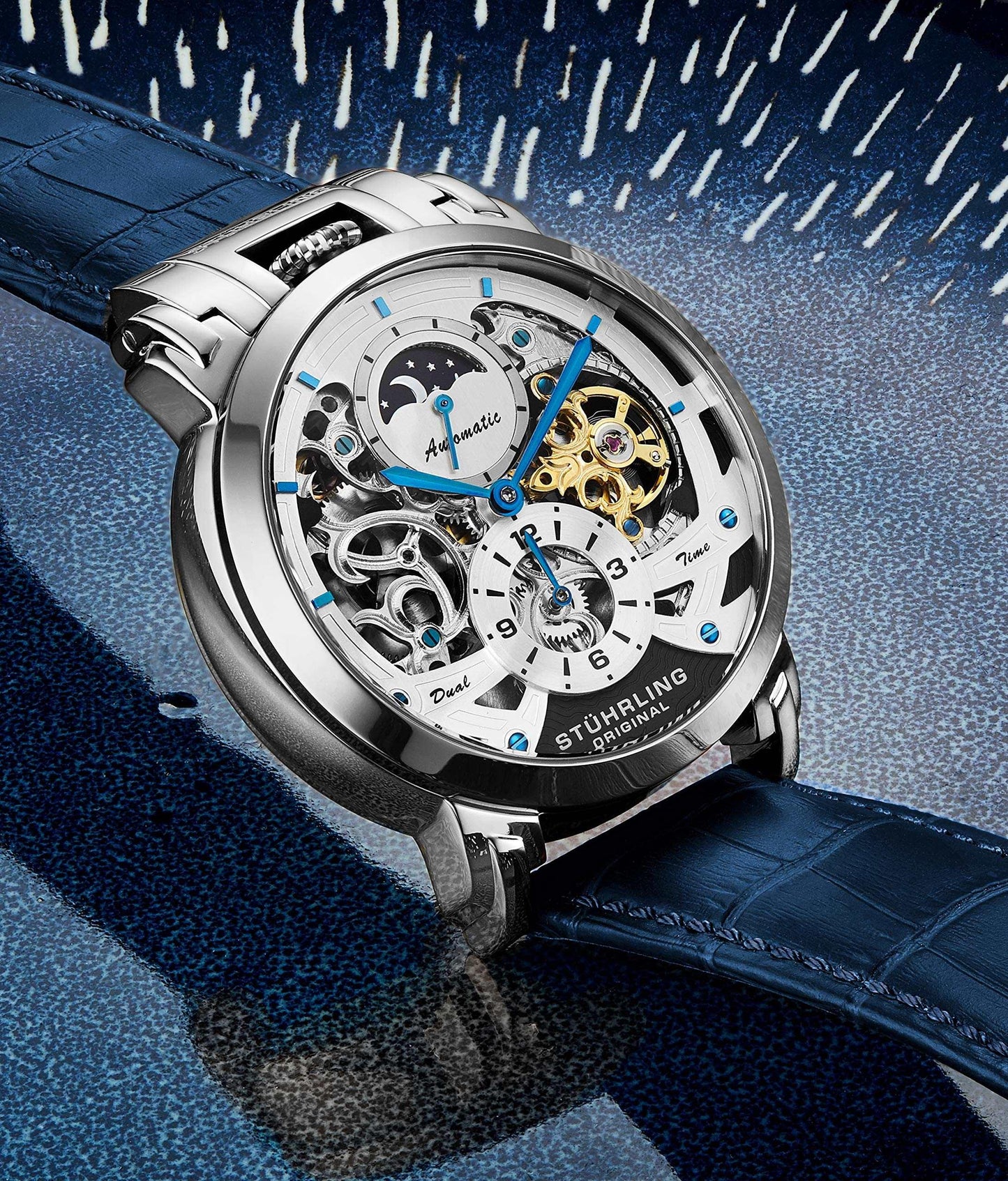 Stuhrling Orignal Mens Watch Automatic Watch Skeleton Watches for Men - Leather Luxury Dress Watch - Mechanical Watch Stainless Steel Case Self Winding Analog Watch for Men, Blue, Aquadiver Phil and Gazelle