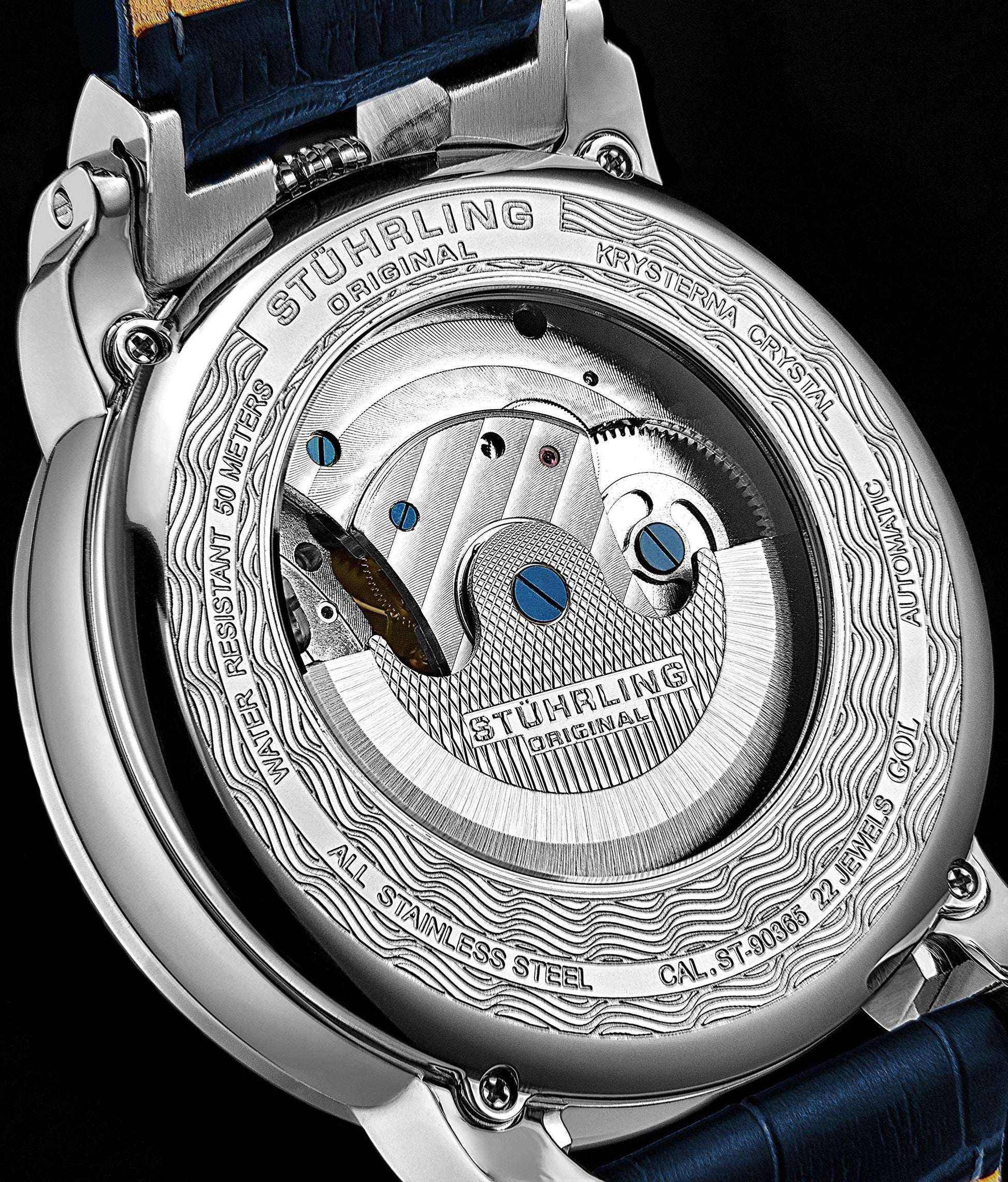 Stuhrling Orignal Mens Watch Automatic Watch Skeleton Watches for Men - Leather Luxury Dress Watch - Mechanical Watch Stainless Steel Case Self Winding Analog Watch for Men, Blue, Aquadiver Phil and Gazelle