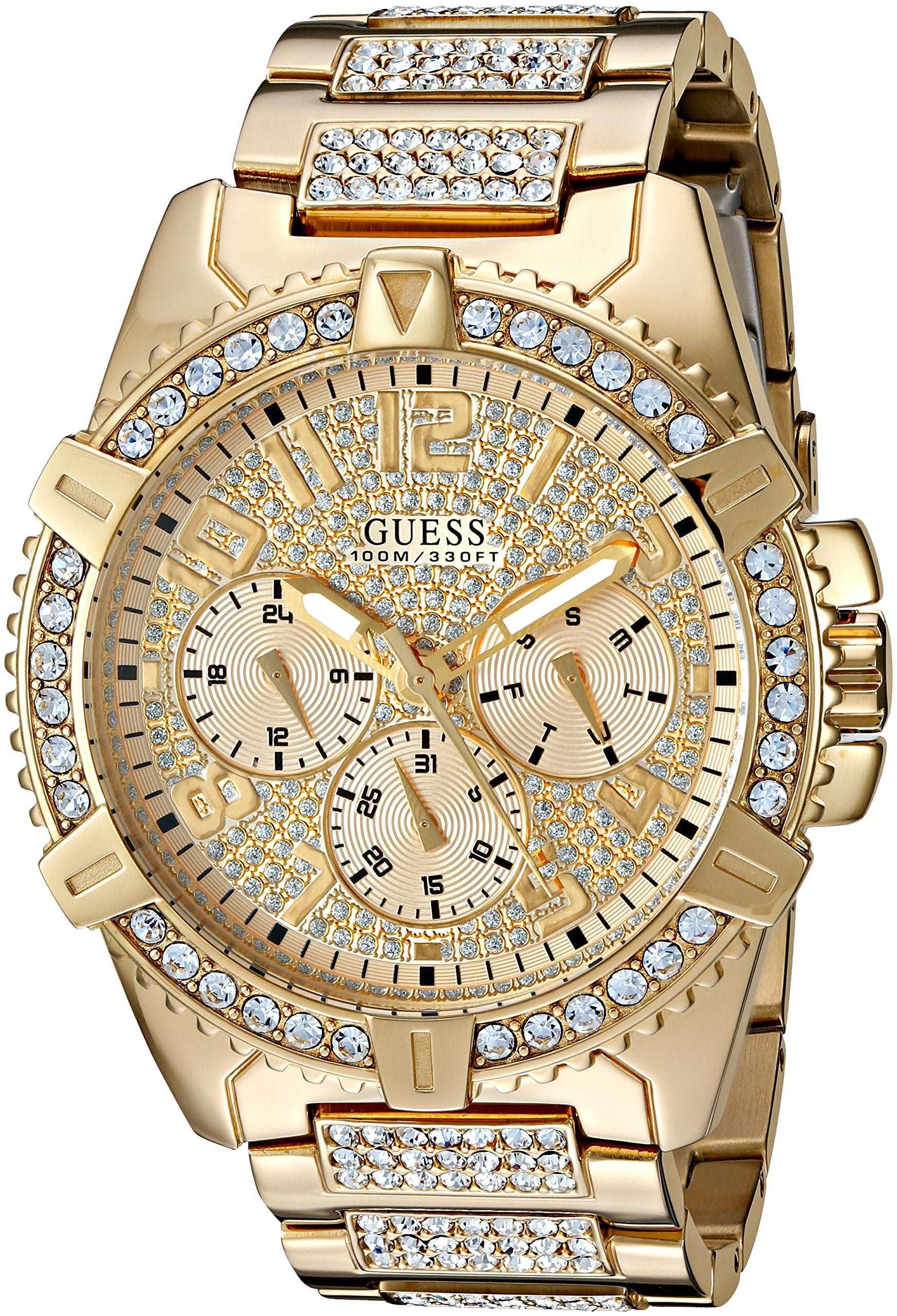 GUESS Stainless Steel Gold-Tone Crystal Embellished Bracelet Watch Military/Int'l Time. Color: Gold-Tone (Model: U0799G2)