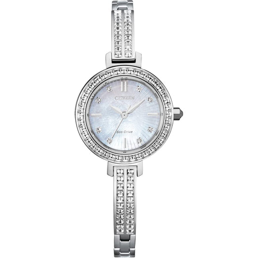 Citizen Women's Silhouette Crystal Eco-Drive Watch, White Dial, Stainless Steel, Silver (Model: EM0860-51D) Phil and Gazelle