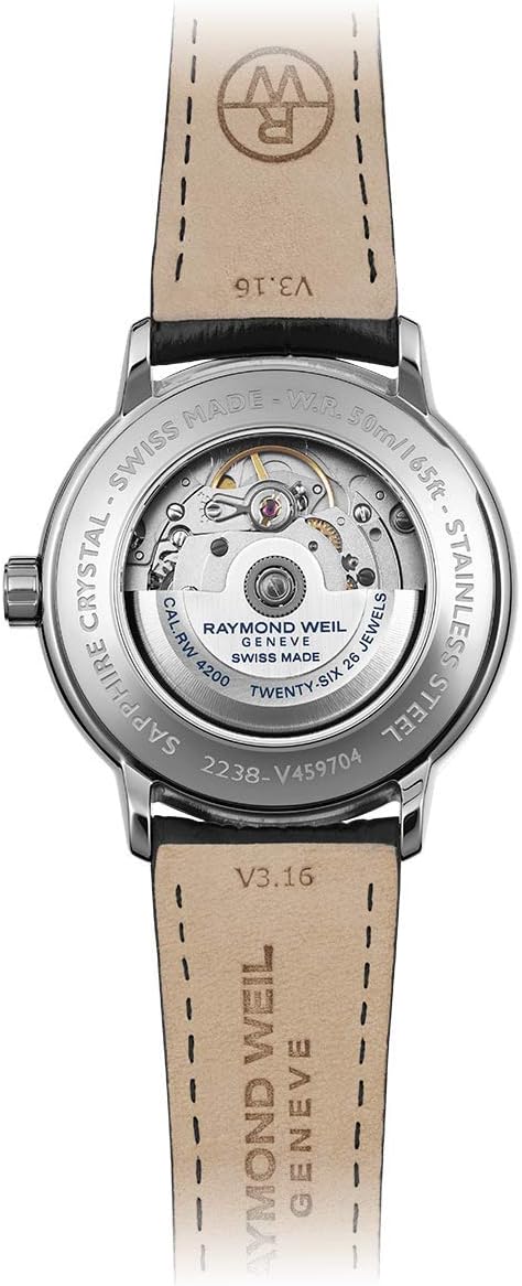 RAYMOND WEIL Men's Maestro Stainless Steel Swiss-Automatic Watch with Leather Calfskin Strap, Black, 20 (Model: 2238-STC-00659)