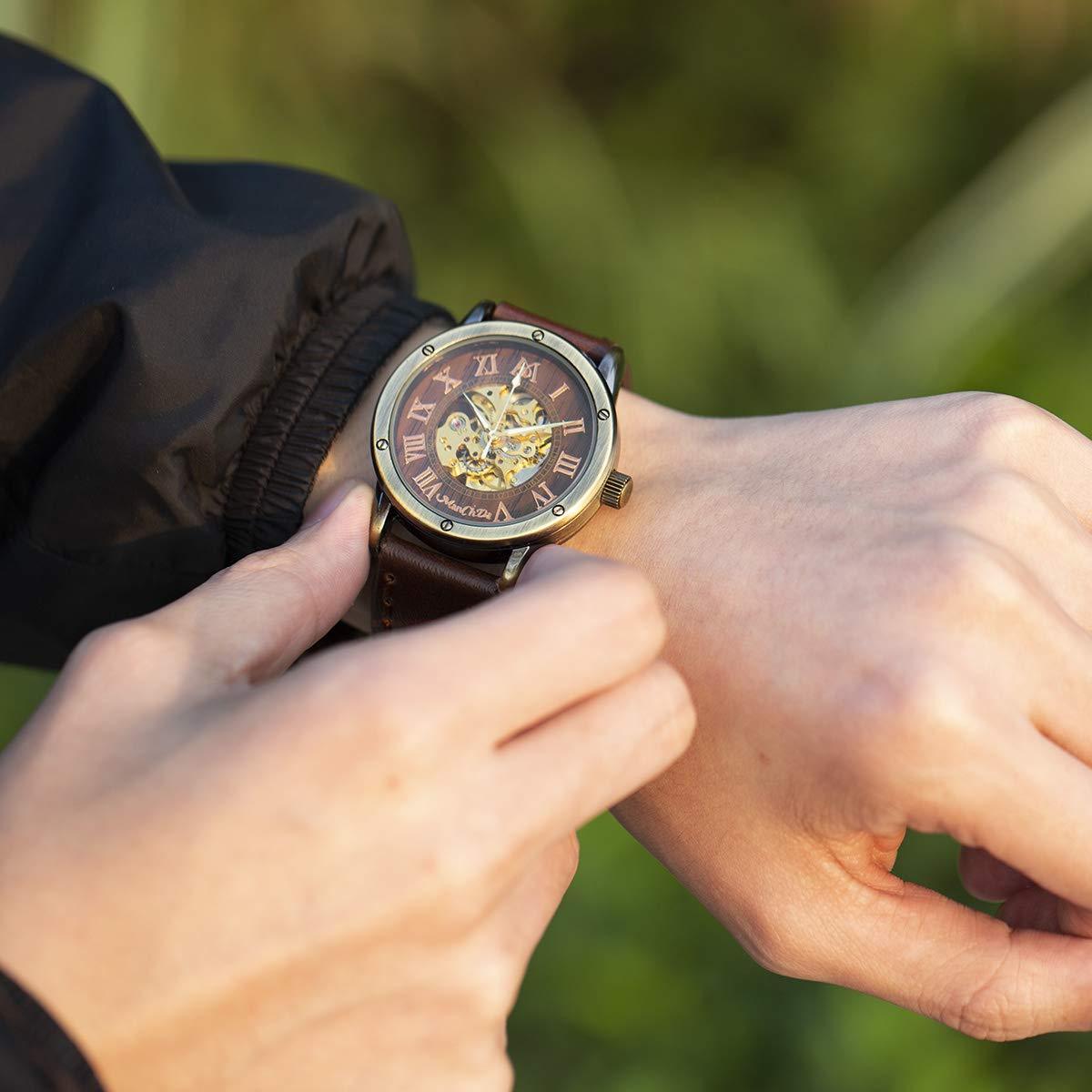 ManChDa Steampunk Burlywood Skeleton Self-Winding Watch Phil and Gazelle