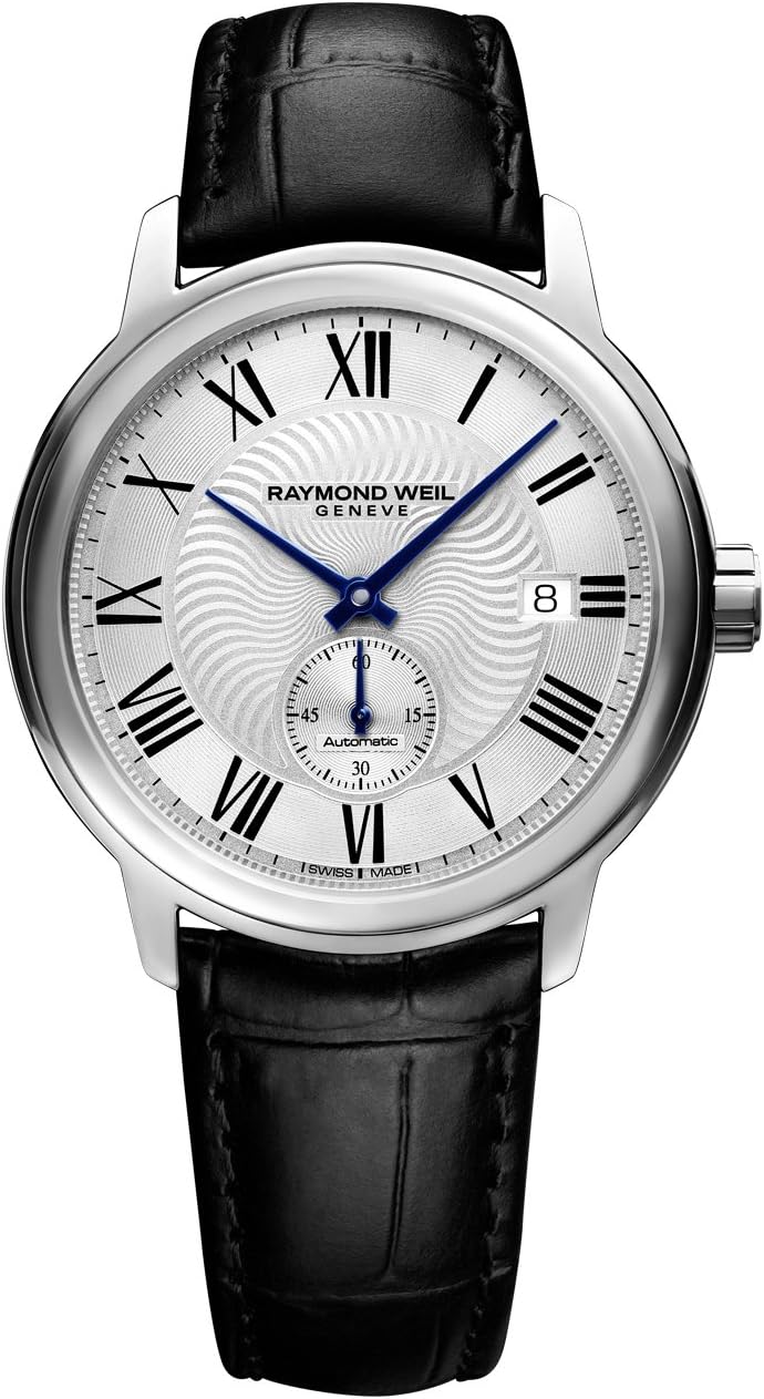 RAYMOND WEIL Men's Maestro Stainless Steel Swiss-Automatic Watch with Leather Calfskin Strap, Black, 20 (Model: 2238-STC-00659)