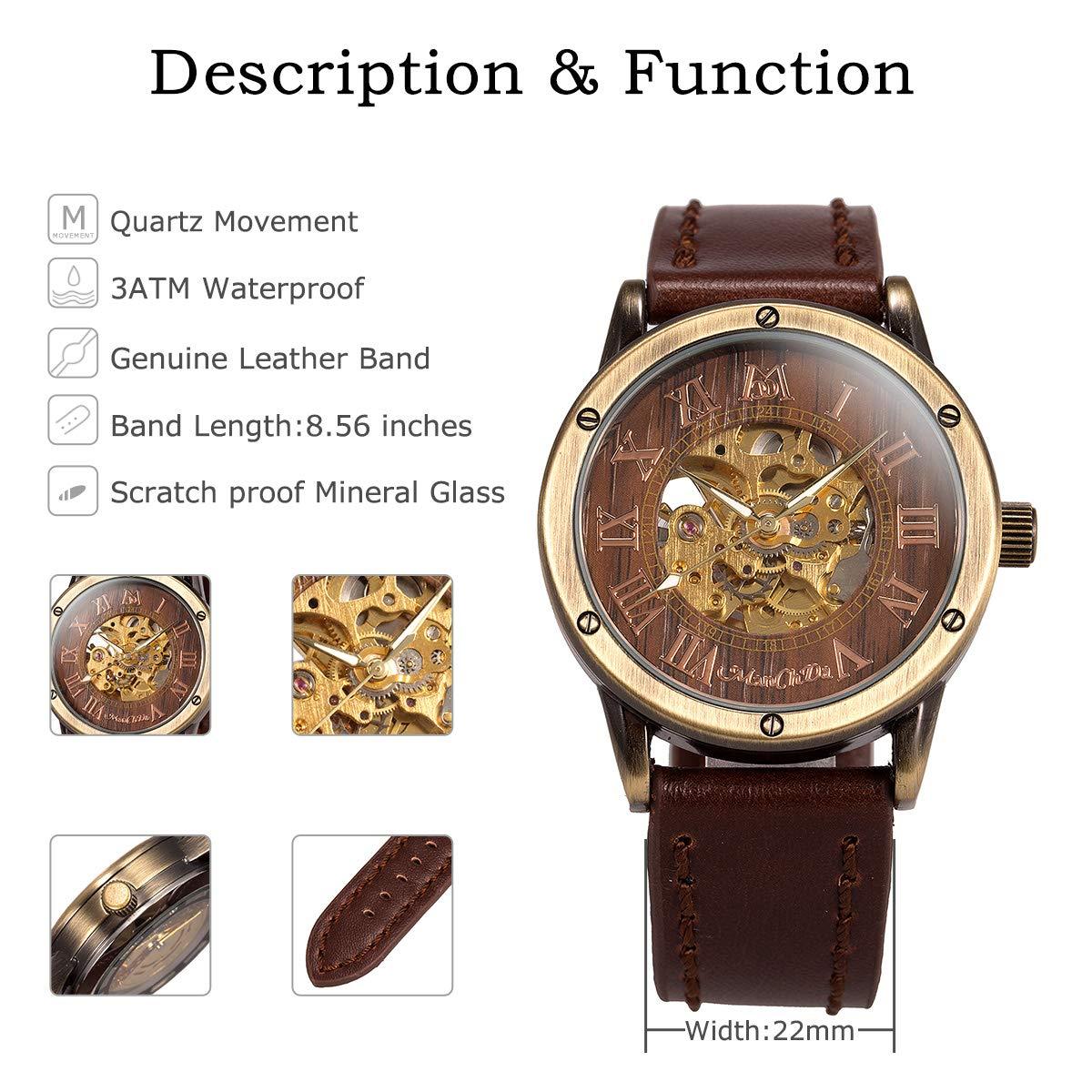 ManChDa Steampunk Burlywood Skeleton Self-Winding Watch Phil and Gazelle