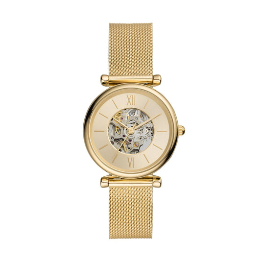 Fossil Women's Carlie Automatic Stainless Steel Mesh Three-Hand Watch, Color: Gold (Model: ME3250), Gold