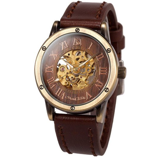 ManChDa Steampunk Burlywood Skeleton Self-Winding Watch Phil and Gazelle