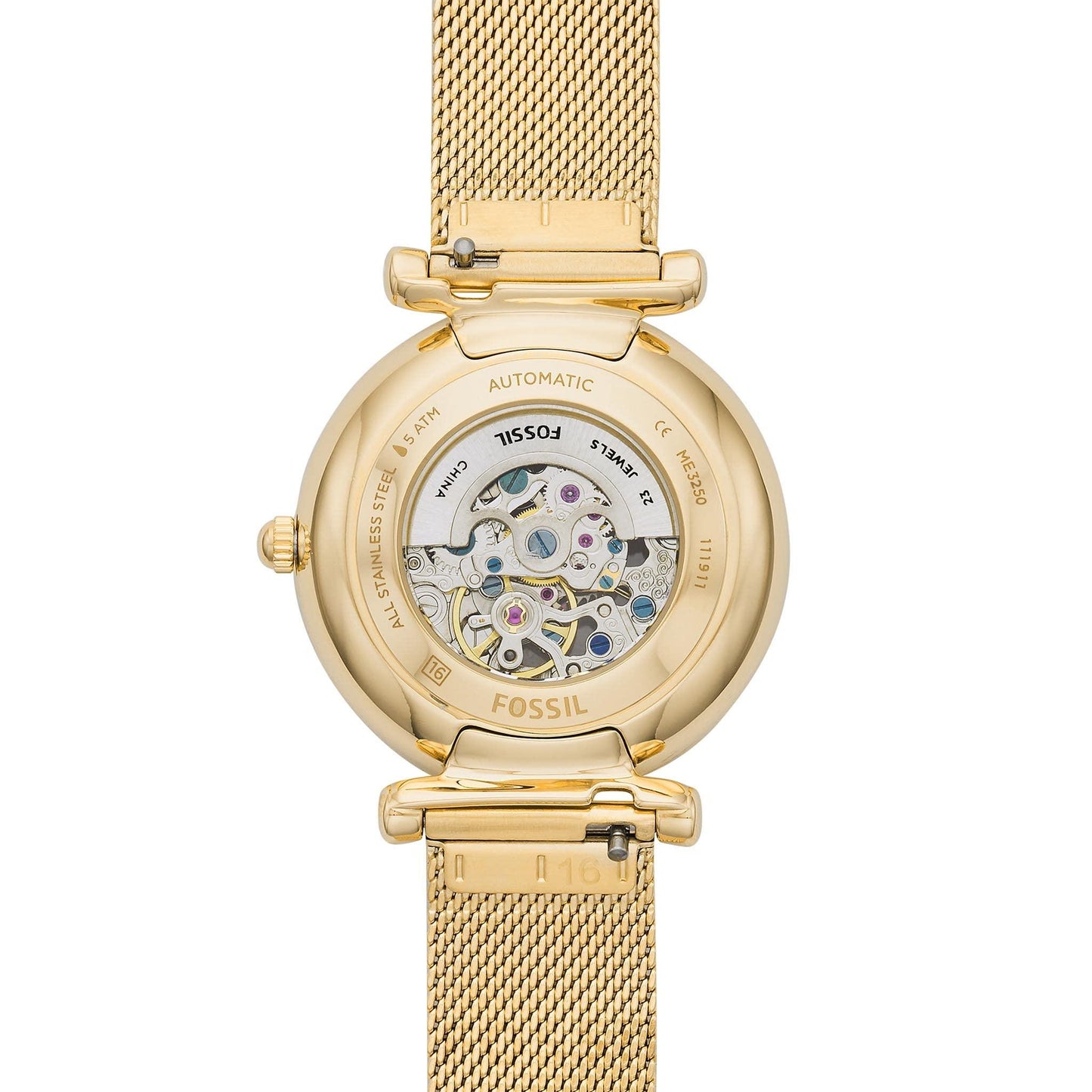 Fossil Women's Carlie Automatic Stainless Steel Mesh Three-Hand Watch, Color: Gold (Model: ME3250), Gold