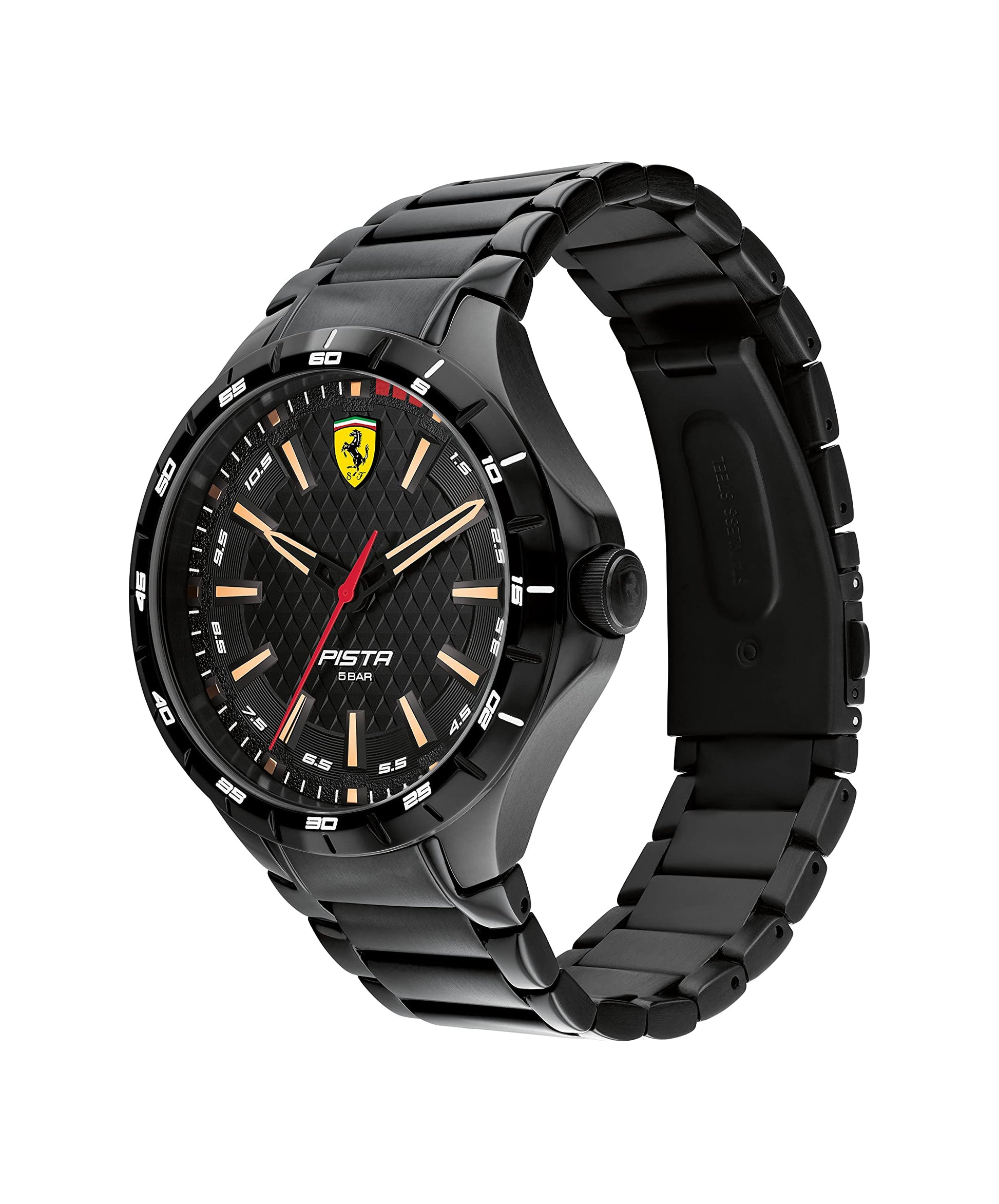 Ferrari Scuderia Pista Men's Quartz Stainless Steel and Link Bracelet Watch, Color: Black (Model: 0830866), Silver, Modern Phil and Gazelle